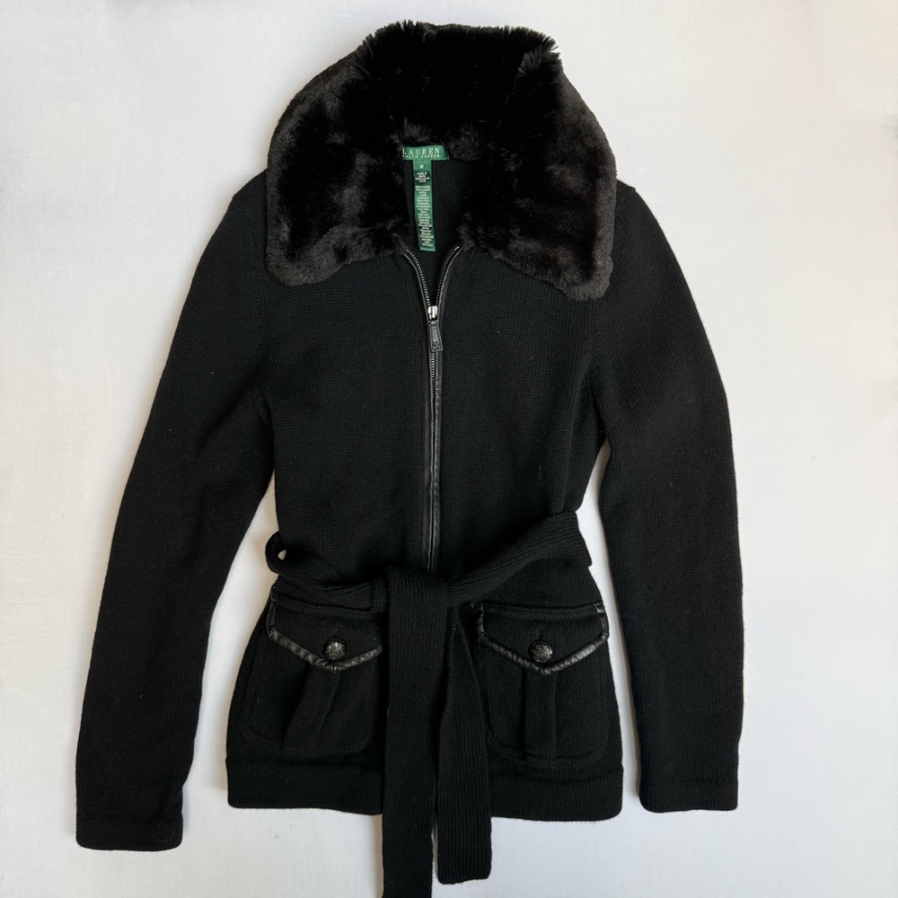 Lauren Ralph Lauren black wool blend cardigan with a faux fur collar Size M